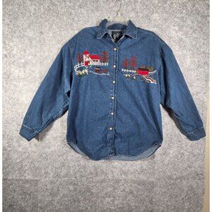 Solutions Women's Button Up Denim Shirt Emboardary Detail Blue Size M Grannycore